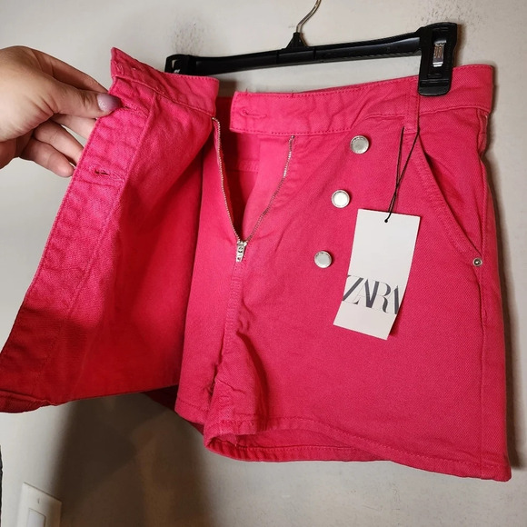 NWT Zara Hot Pink Denim Asymmetrical Skort Wrap Front Size Medium - Picture 2 of 15